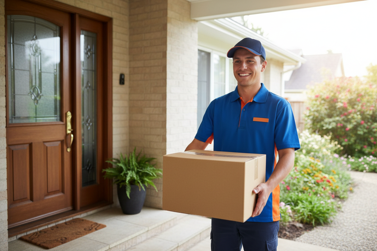 delivery guy with package at door