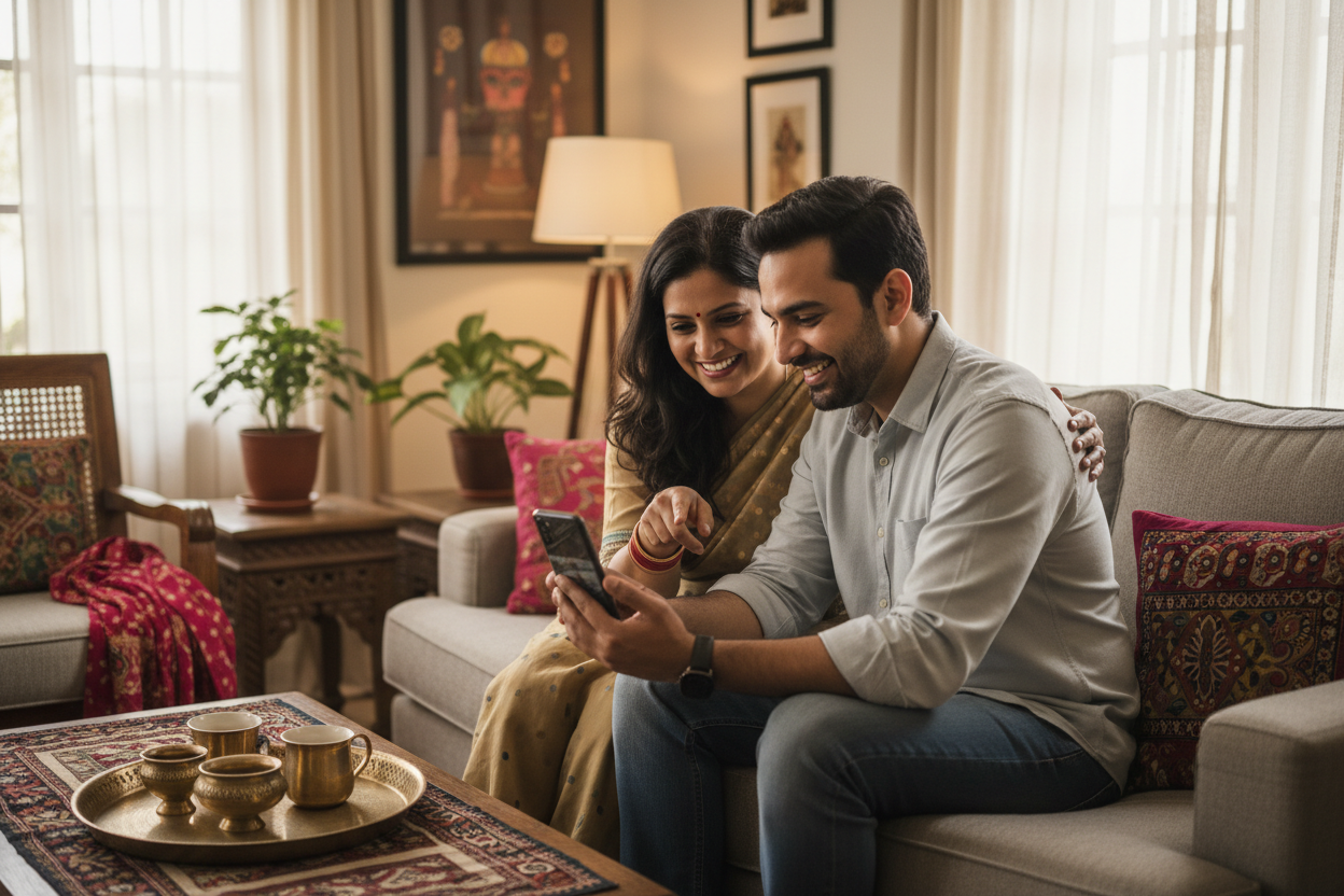 wife and husband ordering product on mobile indian